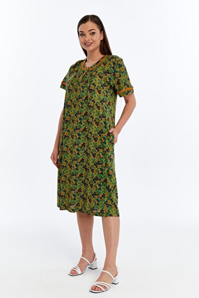 Wild Love Green Crispy Patterned Cotton Plus Size Casual Dress with Pockets