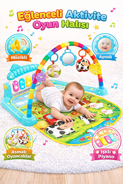 papey Piyanolu Desenli Bebek Oyun Halısı 0+ Ay Çiftik Hayvanları Figürlü Işık...