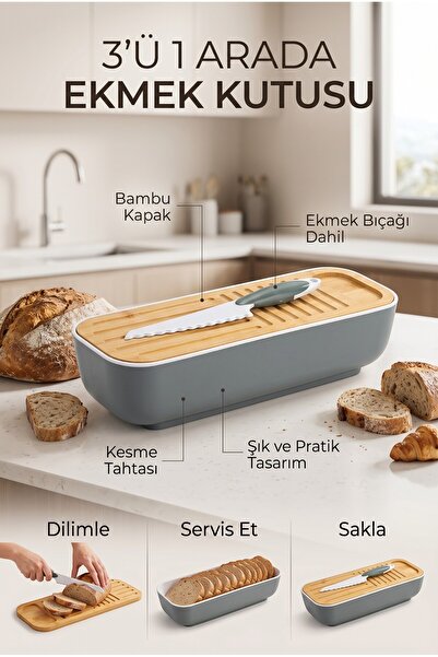 4 Berry 3’ü 1 Arada Ekmek Kutusu – Bambu Kapaklı, Kesme Tahtalı ve Bıçaklı Ek...