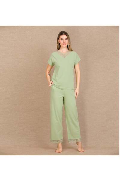 Marsilyan Ieg Cotton Stylish Design Lace Embroidered Green Short Sleeve Pajam...