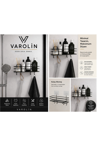 VAROLİN Yapışkanlı Banyo Rafı Mat Siyah Paslanmaz Metal Duş Rafı Şampuanlık H...