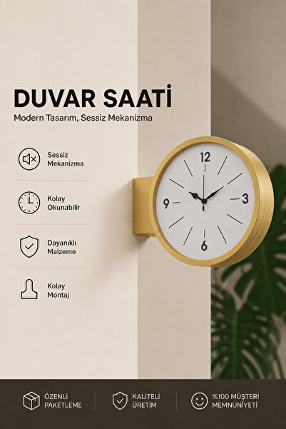 Tovo Craft Modern Yuvarlak Çift Taraflı Duvar Saati Sessiz Mekanizmalı Turunc...