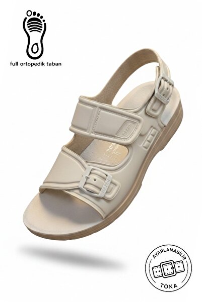 PAPATAY 1695 Cream Color Full Orthopedic Sole Men's Sandals - Adjustable Velc...