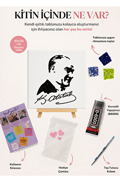 seminden Kişiye Özel Atatürk Kendin Yap Taşlı Kanvas Tablo 30×30 Kristal Taş ...