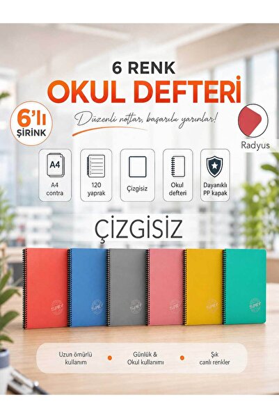 SRY Contra PP Kapak Spiralli 120 Yaprak A4 Çizgisiz 6 Adet Defter
