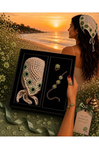 PULİNİN DÜKKANI Handmade Floral Motif Bandana and Jewelry Gift Set – Knitted ...
