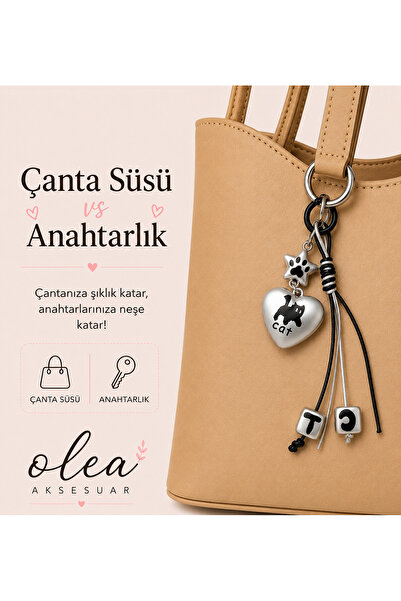OLEA AKSESUAR Cat Figurine Bag Ornament Keychain with Paw and Heart Detail Ba...