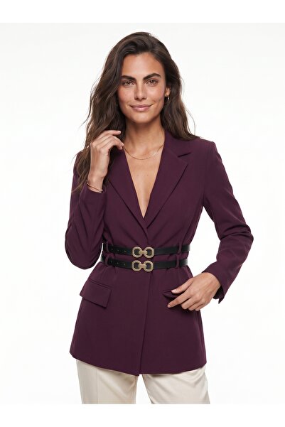 ONLOOX Plum Polyester Classic Collar Blazer Cut Lined Jacket with Double Belt...