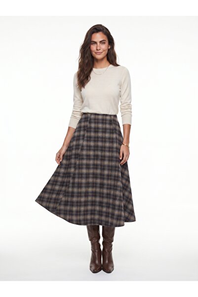 ONLOOX Beige Navy Blue Plaid Patterned High Waist Woven Fabric A-Line Long Sk...