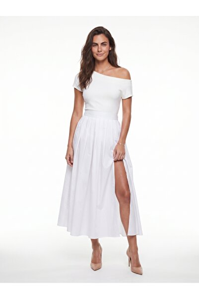 ONLOOX White Polyester Fabric High Waist Flared Cut Deep Slit Detailed Long S...