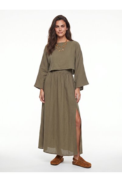 ONLOOX Khaki Muslin Bat Sleeve Cropped Top and Elastic Waist Slit Detailed Sk...