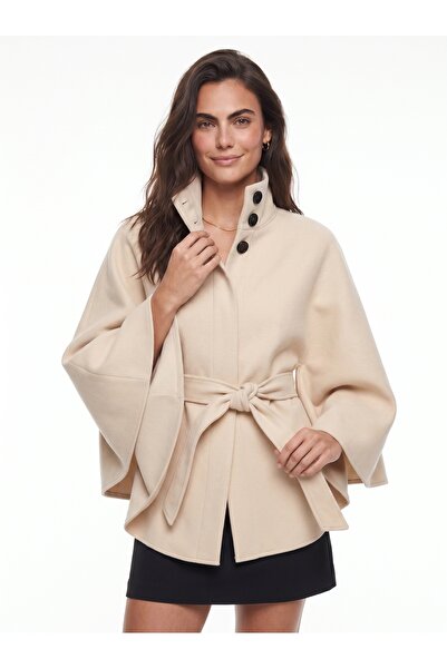 ONLOOX Cream Cotton Flexible Textured Stand Collar Belted Button Detailed Cas...
