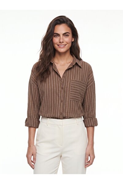 ONLOOX Coffee Striped Textured Fabric Shirt with Collar, Long Sleeves, Relaxe...