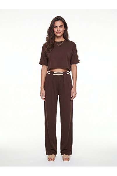 ONLOOX Bitter Brown Modal Fabric High Waist Wide Leg Cropped Blouse Stripe De...