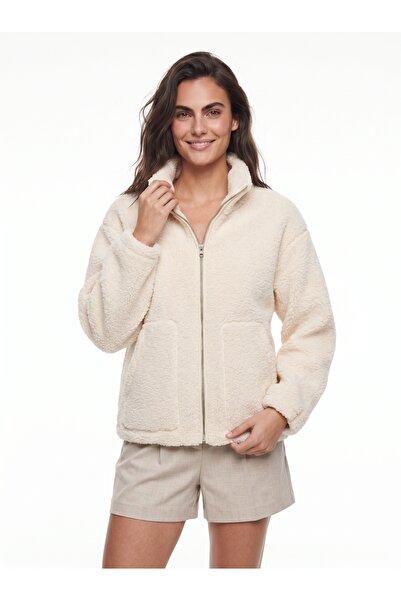 ONLOOX Cream Plush Textured Stand Collar Lined Zippered Coat with Large Pocke...