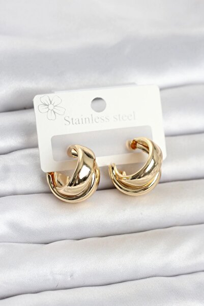 TakÇalıştır 316L Steel Gold Color Asymmetric Hoop Model Women's Earrings