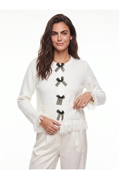 ONLOOX Ecru Soft Textured Crew Neck Standard Fit Fringed Ribboned Pocketed Kn...