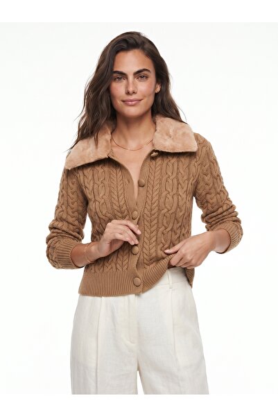 ONLOOX Camel Acrylic Knitwear Hair Braided Fur Collar Button Detailed Standar...