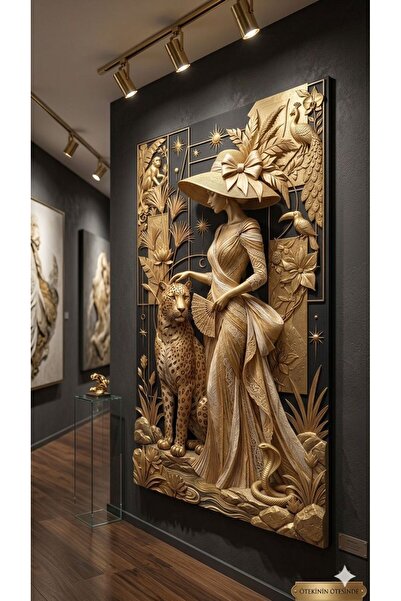zeyrada Premium Kabartma Görünümlü Altın Leoparlı Kadın Kanvas Tablo - Art De...