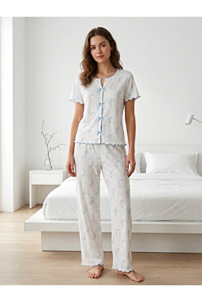 Sude HOMEWEAR Set de pijamale pentru femei, albastru, cu flori și fundă, cu m...