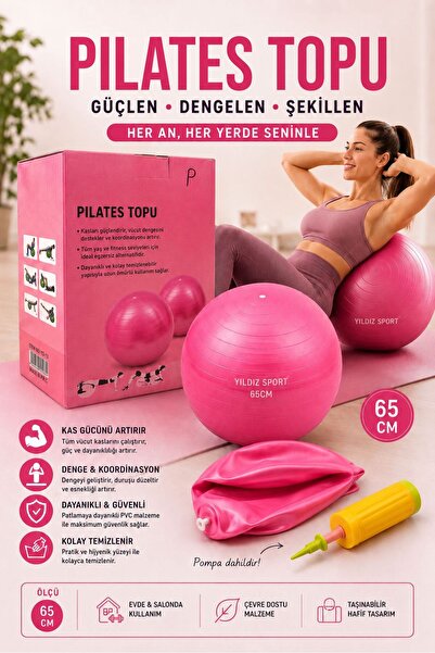 BuradaBuldun Pilates lopta 65 cm roza + ručna pumpa poklon lopta za balans ve...