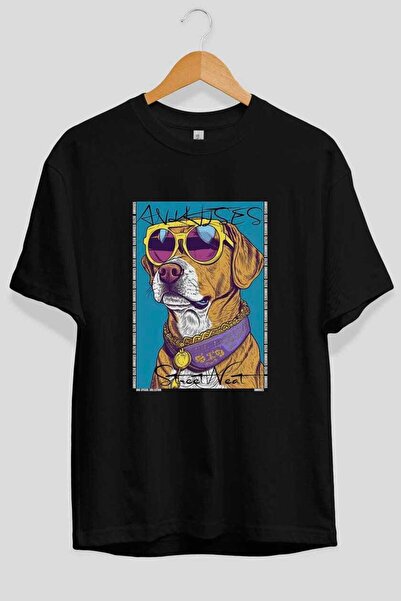 Ankhises For the Love of Dogs 61 Front Dog Printed Black Oversize T-Shirt 100...