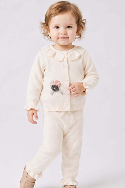 Cantoy Floral Appliqué Ruffle Collar Knitwear Baby Set