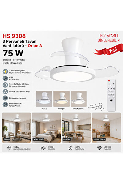 Helios 3 Pervaneli Tavan Vantilatörü 75w, 3 Renk Fonksiyonlu, Dim Edilebilir