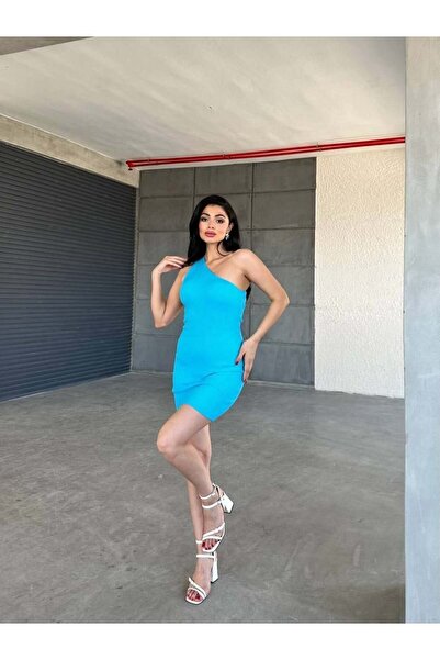 Modafeminen Turquoise One-Shoulder Ribbed Knit Mini Dress Tr0293