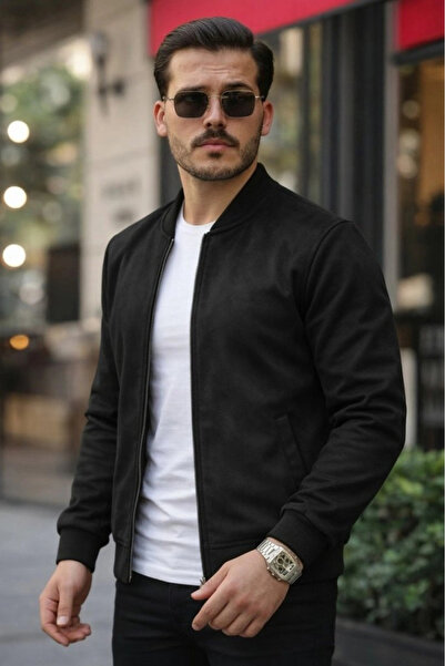 Generic Brand Men's Front-Zippered Jacket with Lined Suede Pockets Inside
