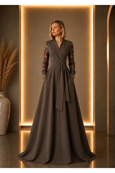 ALYEL NAKER Double-Breasted Closure & Lace Sleeve Detail Maxi Crepe Dress