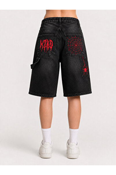 None Wear Siyah Taşlamalı kırmızı MZKD Spider Y2K Baggy Unisex Şort