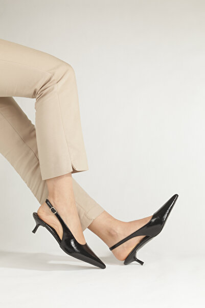 PİMORA Black Wrinkled Patent Leather Pointed Toe Open Back Classic Mouth Buck...