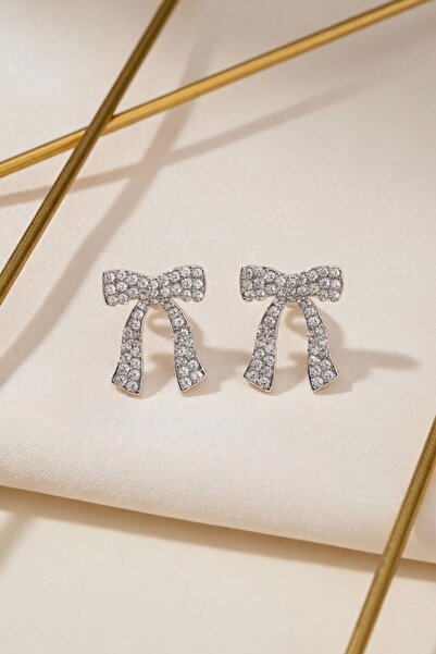 RMY MODA Women's Silver Stone Bow Patterned Earrings