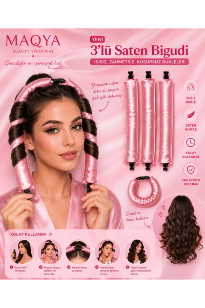 MAQYA KOZMETİK 3-Piece Satin Heatless Curling Iron Set with Opening Comb Gift Hair Styling Night Curl Hair Curling Apparatus