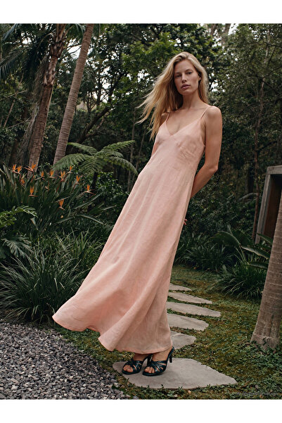 LC Waikiki Pink V-Neck Rope Strap Linen Dress