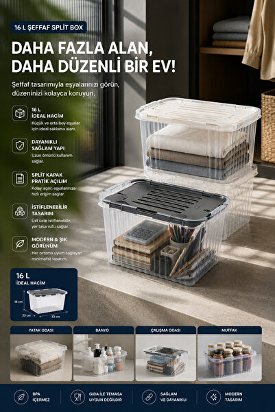 Virela Home 16 L Şeffaf Derin Split Box Çift Kapaklı Saklama Kutusu Çok Amaçl...