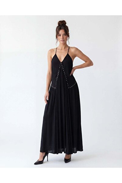 CKM MODA Yakens Metal Ring Detailed Backless Maxi Dress Black