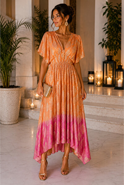 Diva Exclusive Fashion Rochie Midi Asimetrică Degrade Orange-Fuchsia cu Accen...