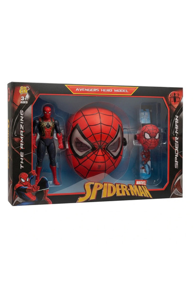 SPIDERMAN Kutulu Süper Kahramanlar Örümcek Adam 3 lü Figür Maske Saat Set