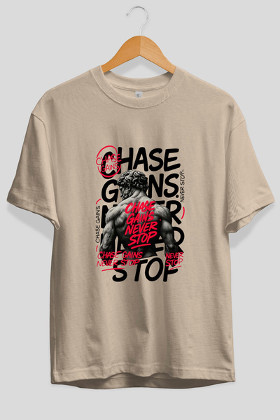Ankhises Tricou Chase Gains Never Stop Oversize cu imprimeu în față, bej, 100...