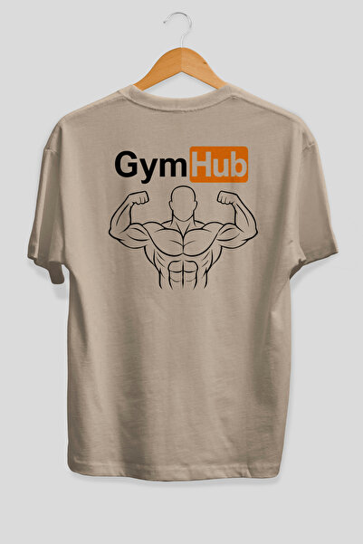 Ankhises Gym Hub Oversize Back Printed Beige T-Shirt 100% Cotton Streetwear P...