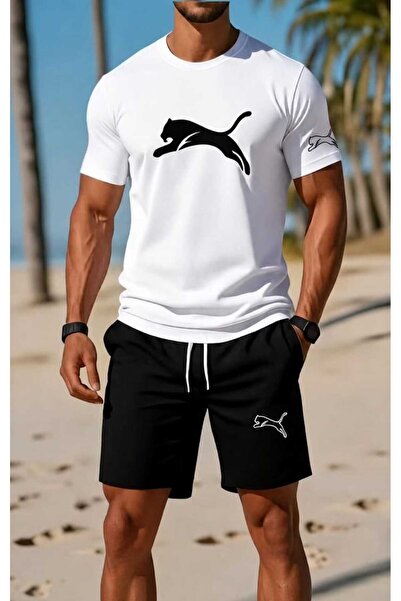 DİVİN Men's Printed Oversize Top-Bottom Set Bartik Shorts T-Shirt