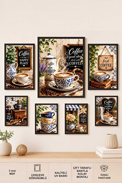 UNT Mavi Çini Kahve Köşesi 7 Parça MDF Tablo Seti | Coffee Corner UV Baskılı ...