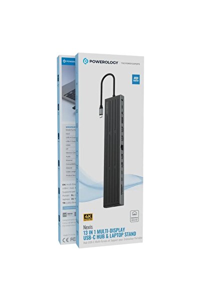 Powerology Nexis 13 في 1 محول USB-C متعدد الشاشات وحامل لابتوب باللون الأسود