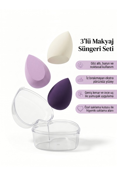 MFK COSMETİC Kalp Kutulu 3'lü Profesyonel Makyaj Süngeri- Lila Tonları