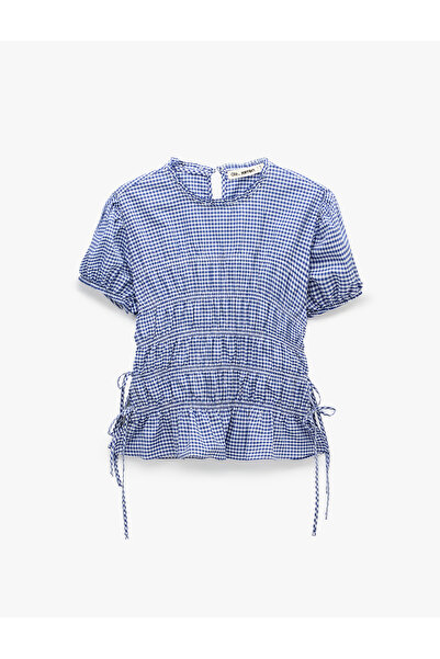 Koton Cotton Ruffled Balloon Sleeve Gingham Blouse