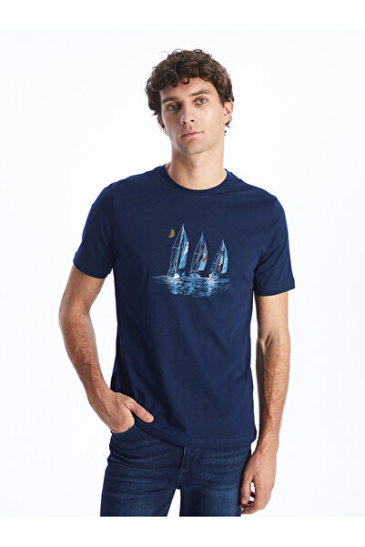 LC Waikiki Navy Blue Crew Neck Short Sleeve Printed Combed Cotton Men's T-Shirt