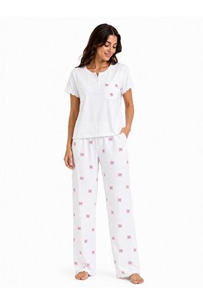 WASMA Women's Pajama Set95% Cotton White with Pink Bowknot Print – Long Pants...