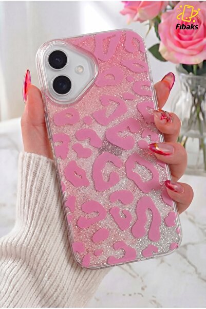 Fibaks iPhone 17 Kılıf Işıltılı Şeffaf Simli Pembe Leopar Desenli Premium Kam...